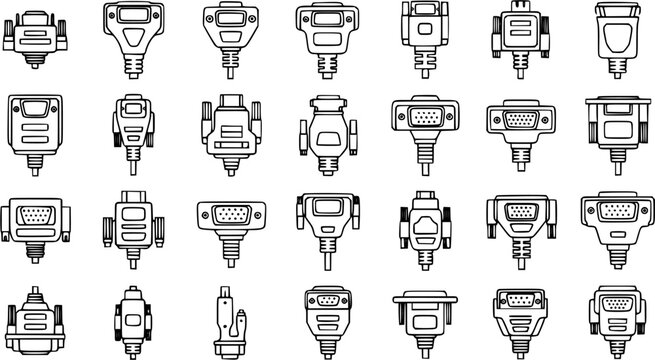 Technology Computer Connectors Line Art Icons Set. IT Cables, Plugs, Ports, and Adapters in Black and White Outline Style for Electronics and Networking.