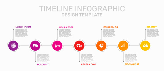 Fototapeta premium Horizontal timeline infographic template with colorful circular icons, progress line, and placeholder text. Vector illustration.