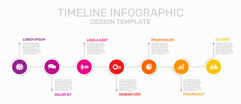Horizontal timeline infographic template with colorful circular icons, progress line, and placeholder text. Vector illustration.