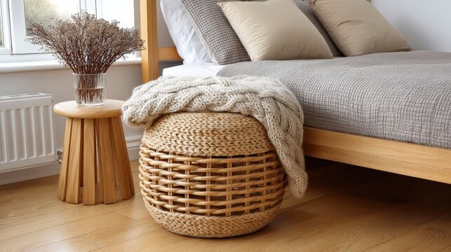 A rustic wooden bed sits on brown flooring with gray linen and beige pillows. A round woven stool holds a knitted blanket