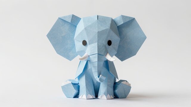 Cute blue origami elephant made of folded paper sitting on white background in minimalist art style.