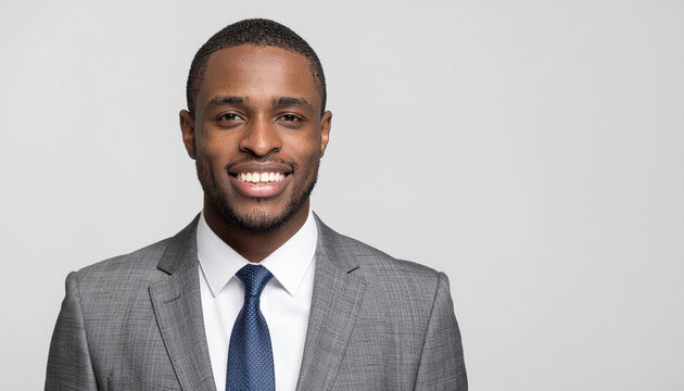 Smiling man professional portrait confident businessperson gray suit white shirt blue tie clean background approachable corporate