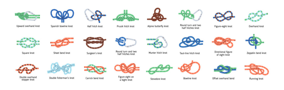 Different techniques of knots set. Tutorial of climbing bundles, marine string nodes, sailor rope ties, hiking loops with hitches and carabiners. Flat isolated vector illustrations on white background