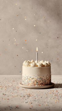 simple achievement cake with single lit candle on neutral matte background, falling colorful confetti, copy space, mock up. intimate celebration, birthday party, milestone celebration, greeting card