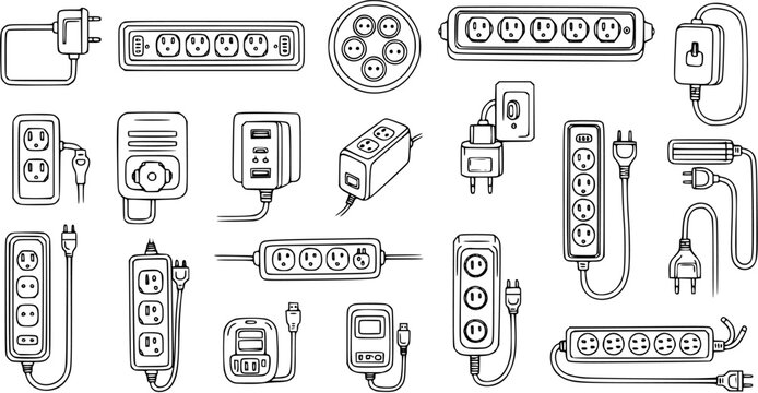 Technology Electronics Black and White Line Art Sketch: Hand-drawn Collection of Power Strips, Electrical Outlets, Plugs, and Adapters