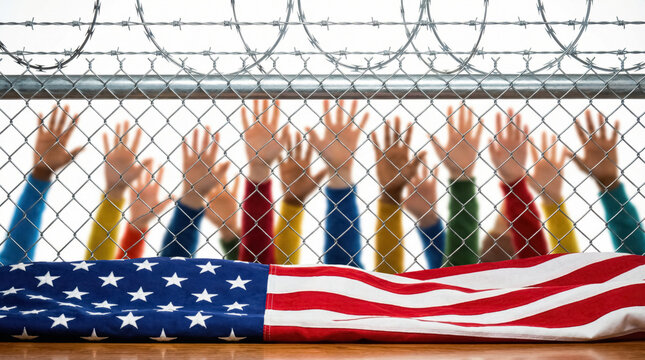 US immigration crisis concept with barbed wire fence, raised migrant hands and American flag. 