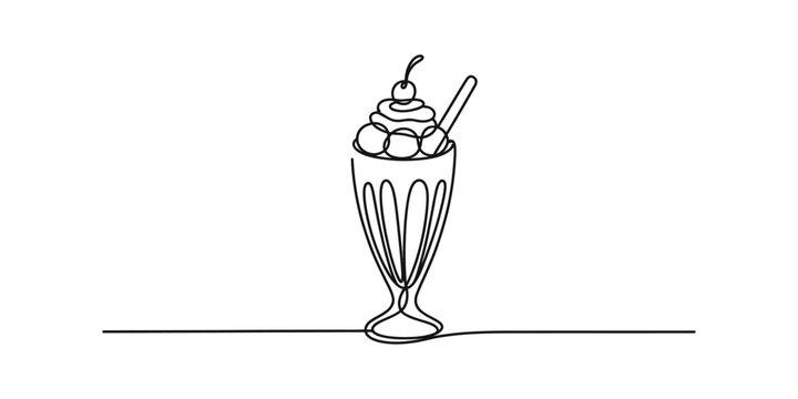 A single continuous line drawing of a delicious ice cream sundae served in a tall glass vessel Vector, illustration