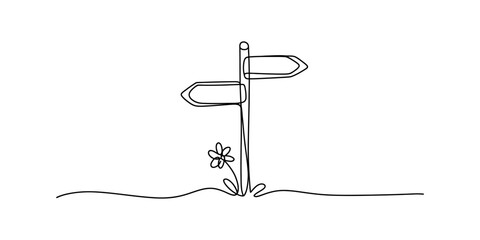 Minimalist continuous line drawing of a simple blank wooden signpost with a small flower blooming Vector, illustration © Badhon_Designer