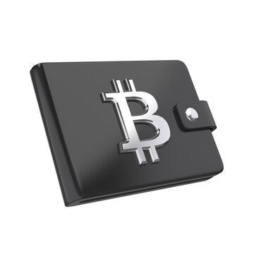 Black crypto wallet with silver bitcoin symbol angled view. 3d rendering.