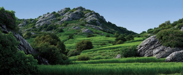 Fototapeta premium Lush green vineyards on rolling slopes create a harmonious natural landscape with terraced hillsides.