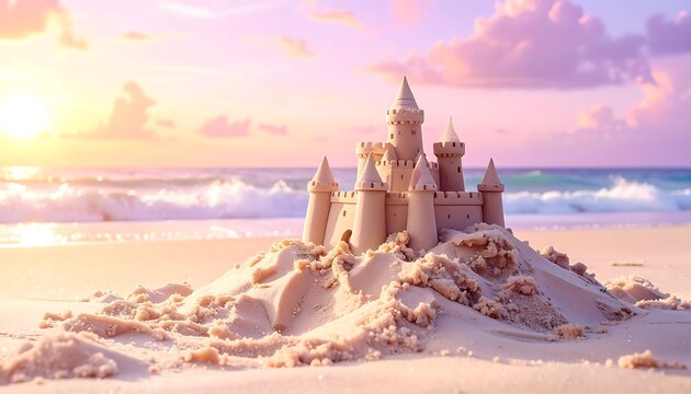 A serene sandcastle on a beach at sunset with the sea in the background