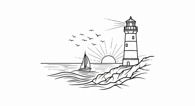 A lighthouse stands tall on a rocky shore as a sailboat glides on waves