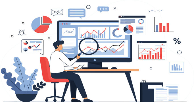 Business Data Analysis Dashboard with Analyst Reviewing Financial Charts, Performance Metrics, and Market Statistics on Computer Screen Vector Illustration