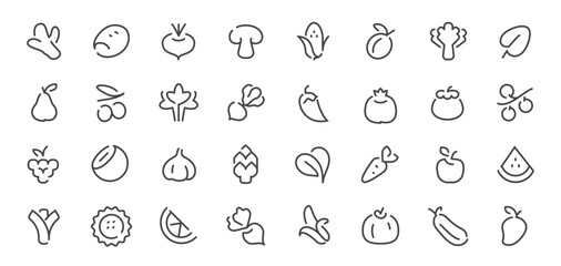 Minimal fruit and vegetable line icons set. Hand drawn organic healthy food outline symbols collection