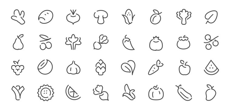 Minimal fruit and vegetable line icons set. Hand drawn organic healthy food outline symbols collection