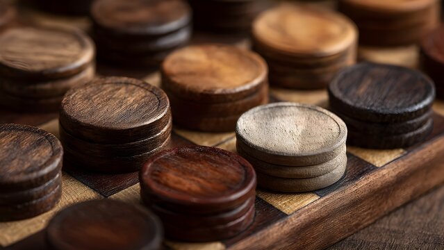 Close-up of Handcrafted Vintage Wooden Checkers Pieces on a Rustic Game Board
