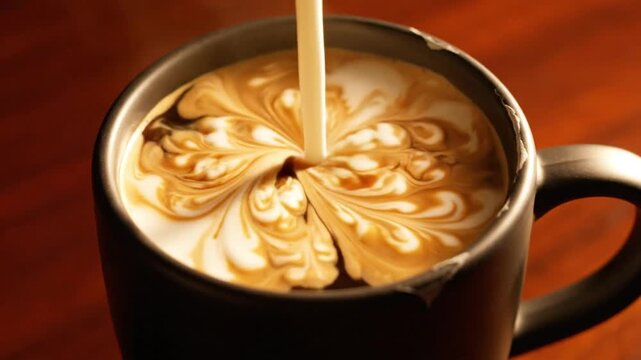 Creamy milk being poured into a black mug filled with fresh dark coffee creating beautiful art