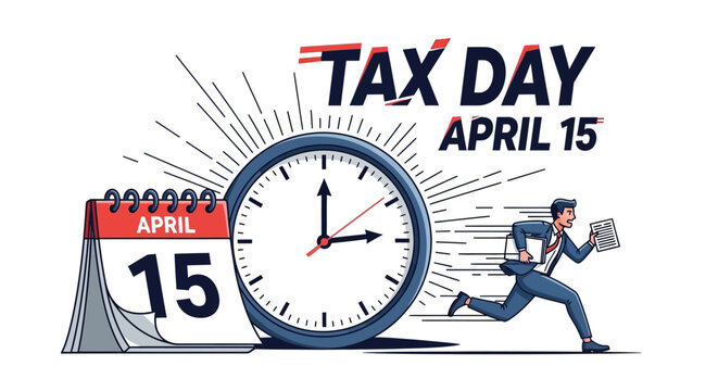 An illustration featuring a businessman rushing past a clock towards a calendar set on April 15, symbolizing the tax payment deadline, presented in a vibrant, flat vector style