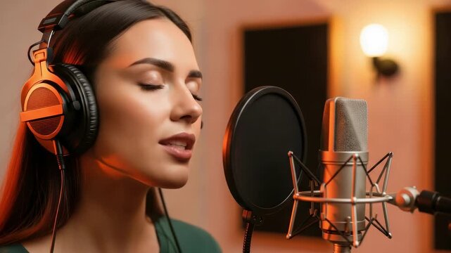 Female vocalist with headphones sings into microphone in a recording studio, soundproof panels and warm lighting create an inviting atmosphere