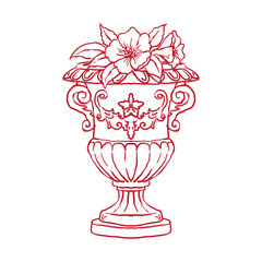 Fototapeta premium Hand drawn ancient outdoor stone vase with flower. whimsical victorian garden urn. Vintage street carved plant urn. Italian summer european style vector illustration line art sketch design