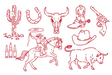 Set of vintage western cowboy line art print hand drawn element doodle style vector illustration for bar signage, rodeo events, or retro-themed projects
