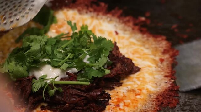High-angle, close-up footage of a professional chef preparing a savory street food dish on a large metal tawa. The scene features seasoned shredded meat being griddled next to a bubbling layer of melt