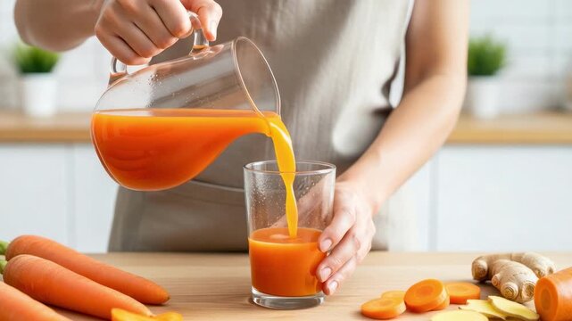 Woman pours fresh carrot juice from a glass pitcher into a clear glass, surrounded by fresh carrots and ginger on a kitchen countertop