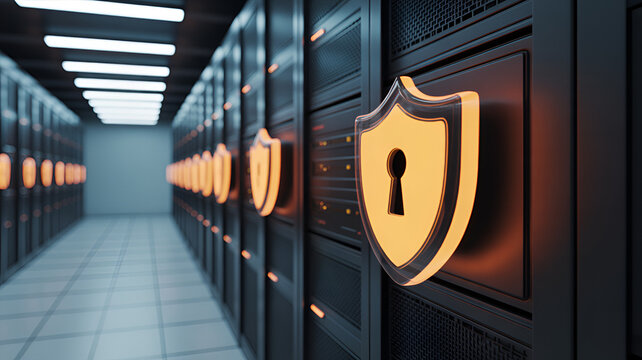 Secure server room with shield and keyhole icons on black cabinets in a data center with gray floor and ceiling lights