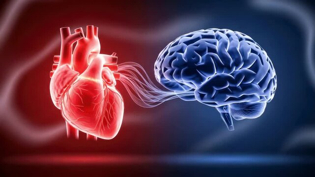 Heart and brain connection illustrated with vibrant colors, showcasing the flow of energy between two vital organs in a dynamic visual representation