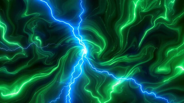 Abstract background with glowing green and blue electrical lightning moving and storming