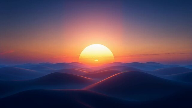Vibrant sun dips below the horizon of a vast, tranquil landscape of dark blue rolling hills