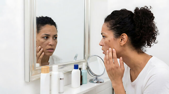 A concerned woman examines skin pigmentation and dark spots on her face while looking in a bathroom mirror surrounded by skincare products