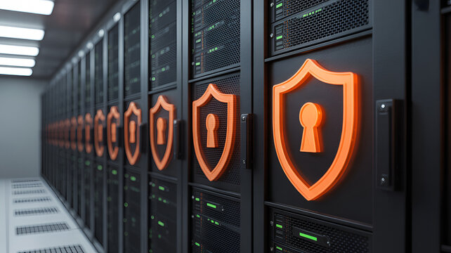 Secure server room with rows of protected computer servers and illuminated orange security shields