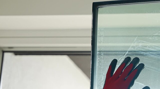 Worker separating triple glazed window glass unit into individual panels for safe handling and disposal after damage in apartment. Window repair, glass recycling and maintenance process concept.