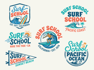 Obraz premium Surf school logo lettering collection, retro 1970s California beach script and bold display typography