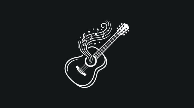 Acoustic Guitar with Musical Notes on Black Background