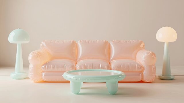 Minimalist living room setup with pink inflatable couch and mint green inflatable table.