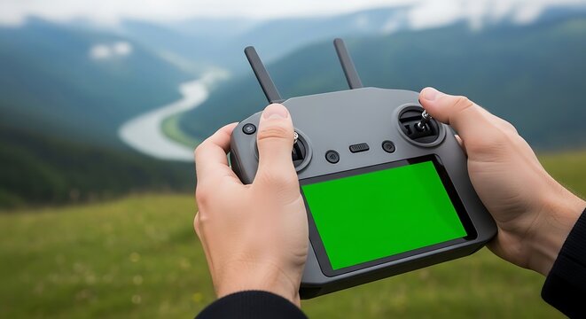 Drone remote controller with blank green screen held by pilot over river
