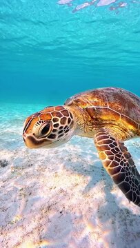 "Close-up of Green Sea Turtle swimming in crystal clear turquoise ocean water over sandy bottom"