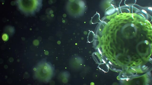Microscopic 3D rendering of a green virus cell pathogen