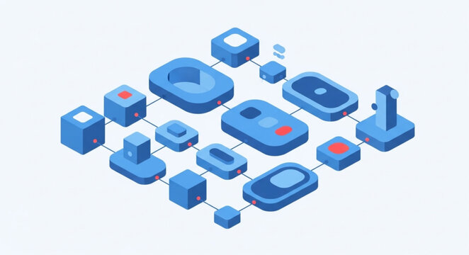 Isometric blue modular technology blocks and components.