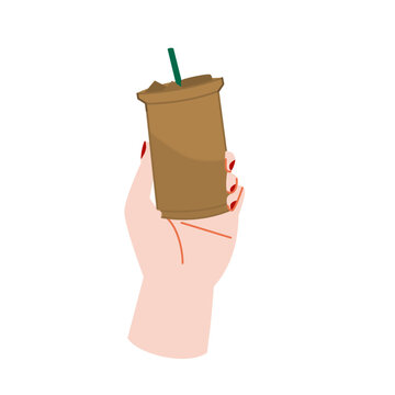 A Women&rsquo;s hand holds a cup of iced coffee illustration vector