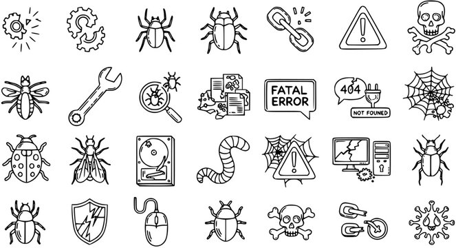 Black and White Line Art Icons for Computer Security and Technology, Bugs, Errors, and Warnings