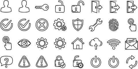 Fototapeta premium Black and White Line Art Icons for Technology and Security - User, Lock, Key, Settings, Network, Safety