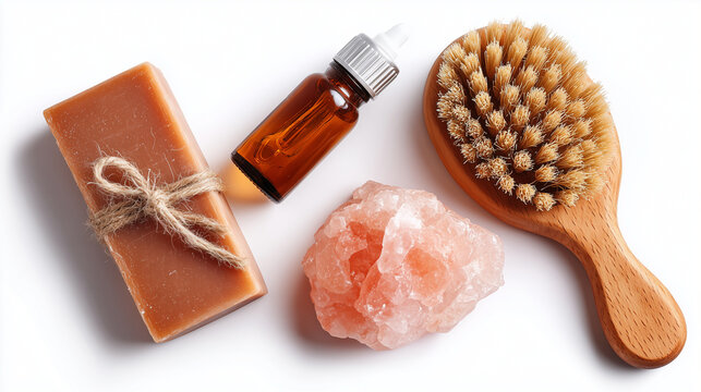 Composition spa bien-&ecirc;tre avec savon aux herbes, brosse en bois, flacon d'huiles essentielles et cristal de sel rose de l'Himalaya. Esth&eacute;tique naturelle et zen isol&eacute;e sur fond blanc