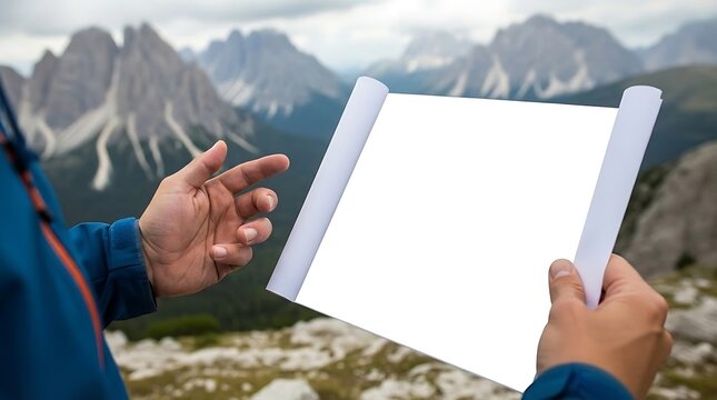 Hiker holding a blank white scroll map while standing in the Dolomite mountains