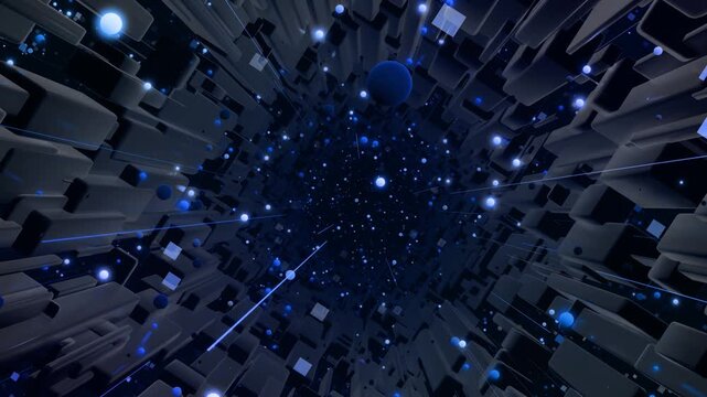 3d looped abstract background with data blocks. Information technology concept with data flow. Blue dark sci fi bg fly through hi tech digital space, neon light. Data flow in blockchain or bigdata.