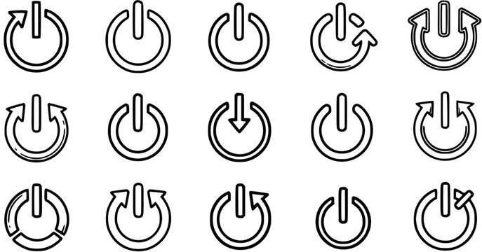 Technology Power Button Icons Set. Black  White Line Art OnOff, Start, Stop, Reboot Symbols for UI, Electronics, and Web Design.