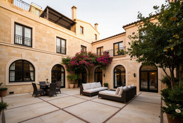 Obraz premium Charming mediterranean villa courtyard at dusk with warm glowing lights and comfortable outdoor seating for relaxing summer vacation and luxury real estate concepts.