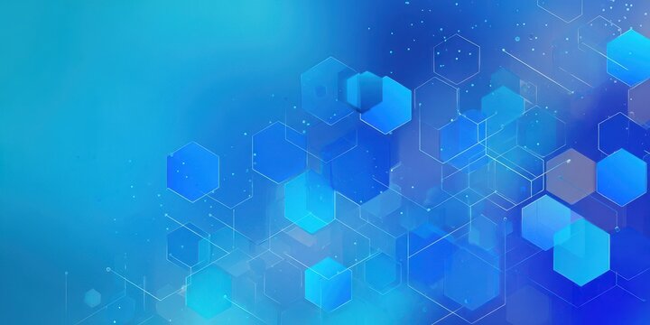 Abstract blue hexagonal shapes float in a digital network on a glowing gradient background with scattered small white dots representing data points and a sense of futuristic technology and